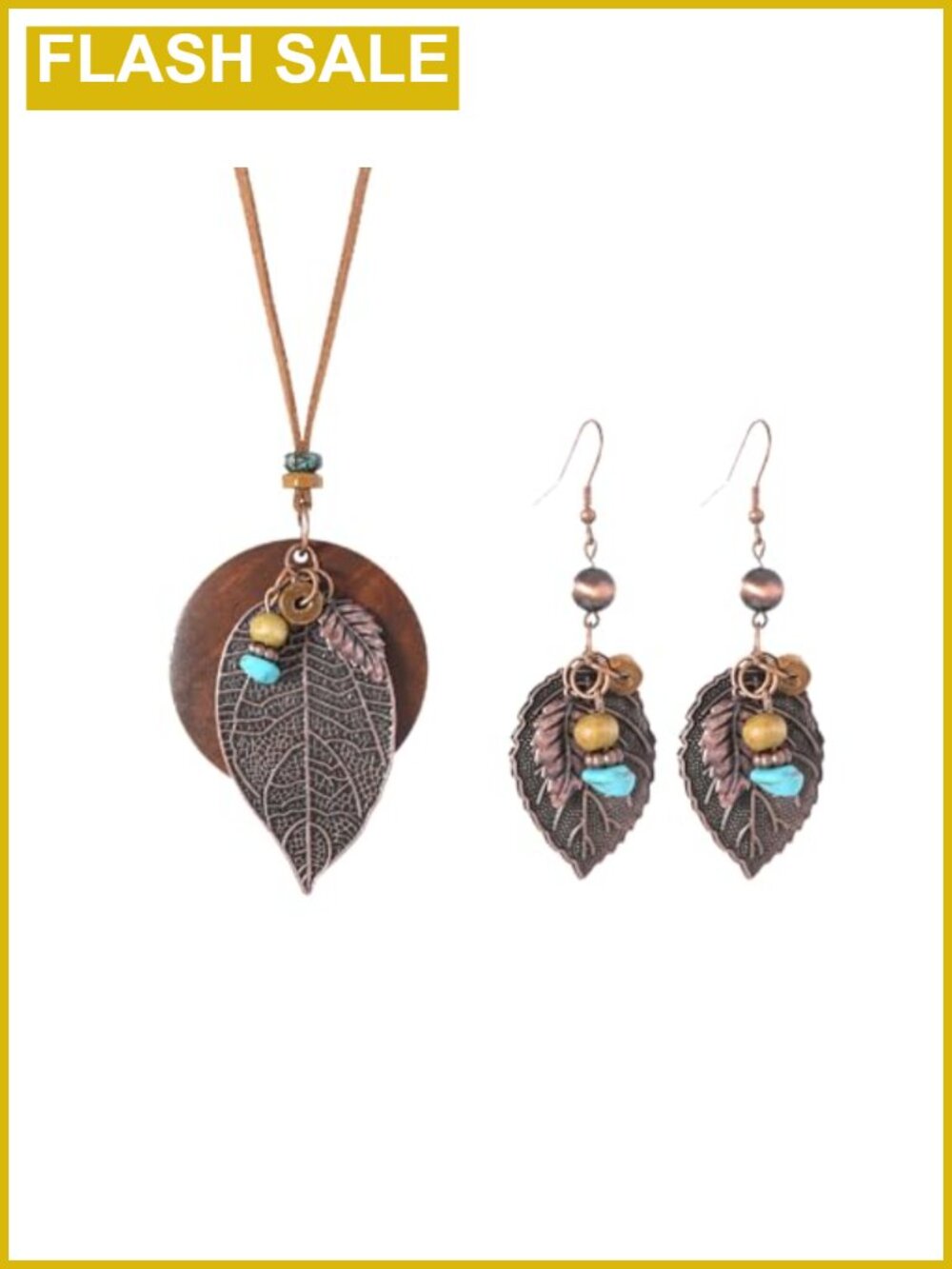 Boho Wood Leather Necklace & Earring Set, Rustic Leaf Pendant Long Necklace,